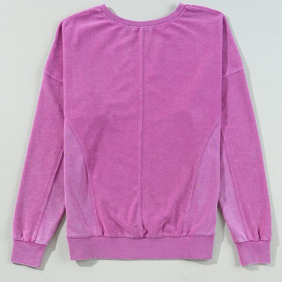 Bright Pink Solid Color Notched Neck Drop Shoulder Sweatshirt - Picture 6 of 11
